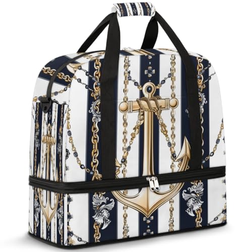 Travel Duffel Bag with Shoe Compartment, Gold Chain Striped Pattern Shoulder Weekender Bags for Women, Foldable Waterproof Travel Bag Carry on Bag - Main Image