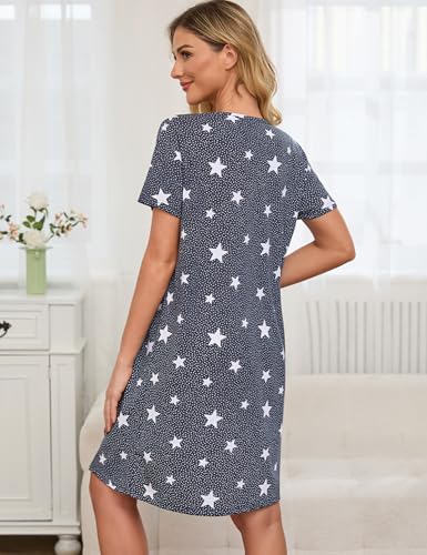 Image of ENJOYNIGHT Womens Cotton Nightgown Short Sleeve Sleepshirt Print Nightshirt | Short-Sleeve Crew Neck, Soft Cotton Fabric, Cartoon Printed Sleep Shirt, Loose Fit