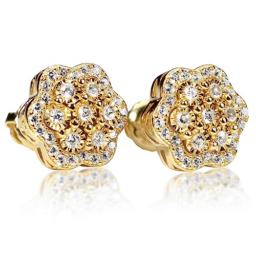 Men's Large 14K Yellow Gold 925 Sterling Silver Flower Cluster Hip Hop Stud Earrings
