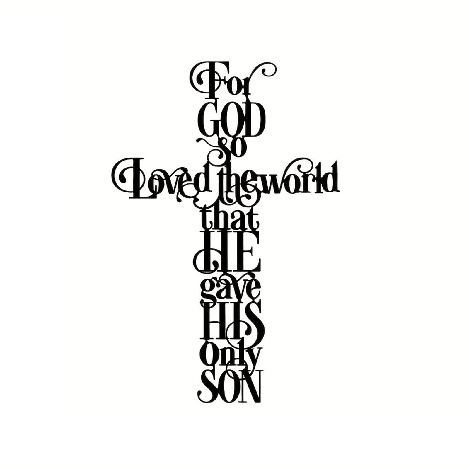 YKANYN Decoración de pared de cruz de metal, arte de pared con texto en inglés "For God So Loves the World", letrero inspirador de cruz espiritual para el hogar, oficina, cafetería
