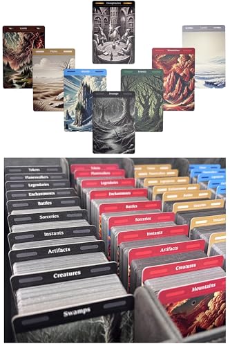 MTG Card Dividers - 77 Plastic Magic Dividers for Deck & Storage Box Organization. Unique Artwork Color & Type Organizers for Magic The Gathering Cards (2.6 x 3.8 Inches)