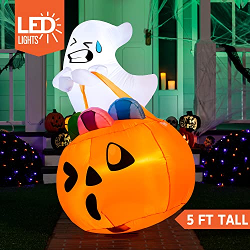 Joiedomi 5 Ft Tall Halloween Inflatable Cute Ghost Inflatable Lift Pumpkin Candy Bag With Build-In Leds Blow Up Inflatables For Halloween Party Indoor, Outdoor, Yard, Garden, Lawn Decorations #TOP1