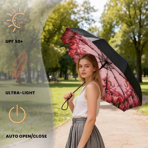 Image of SIEPASA Compact Travel Umbrella - Windproof Auto Open /Close, Small Folding Umbrella for Rain & Sun with UPF50+ - Lightweight Frame, Waterproof - Fits Backpack, Purse, Suitcase.(Tulip)