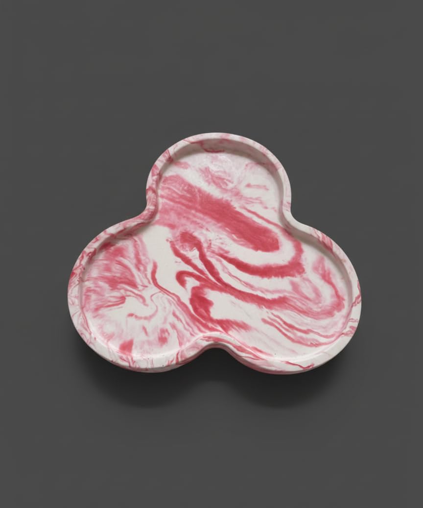 Sweera Art Handmade Concrete Flowline Trinket Tray, Red and White Marbled Design, Modern Multipurpose Organizer for Jewelry, Makeup, Desk Accessories 2