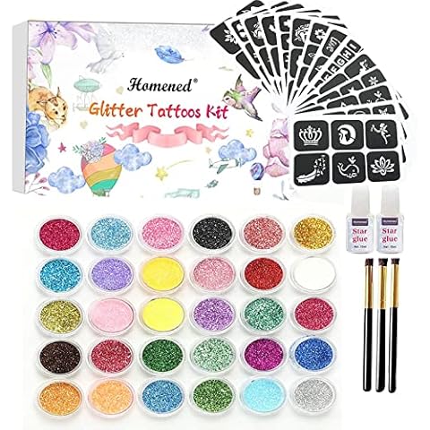 Glitter Tattoos Kit, Temporary Tattoo Set for Kids, 30 Colors Body Glitter,120 Tattoo Stencil, Festival Glitter Make-up for Girls Kids Teenagers Adults Christmas Gift Cover