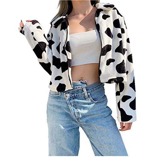Missfamo Womens Cow Print Fuzzy Fleece Short Jackets Long Sleeve Fluffy Coat Zip up Faux Shearling Outwear(White,M)