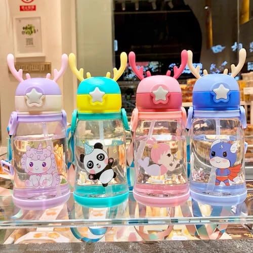 Image of YBN Cartoon Water Bottle with Straw & Strap - BPA Free, Leak-Proof, Non-Toxic, Perfect for Kids' School and Home 500ml