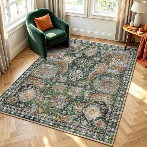 Image of RUGSURE Washable Area Rugs - Perfect for Living Room, Bedroom, Kids Room, Nursery - Stain & Water Resistant Non-Slip, Pet & Child Friendly, Vintage Tribal Area Rugs (Green, 5' x 7')