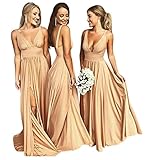 V Neck Satin Bridesmaid Dresses for Wedding Split Prom Dresses Long A Line Formal Dresses for Women Gold Size 8