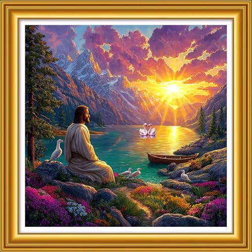 Image of Foxhool Stamped Cross Stitch Kits,11CT Printed Cross Stitch Pattern Full Embroidery Kits for Beginner Needlepoint Kits&Sunrise Jesus Prayer 18x18 inch