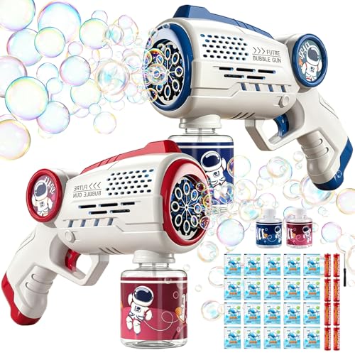 Seifenblasenpistole Seifenblasenmaschine Kinder 2 Stück Mit LED Licht und 100 ML Tank Automatische Bubble Gun mit 20 Pack Seifenblasen Flüssigkeit Outdoor Spiele Kinder Party Spielzeug Blau & Rot
