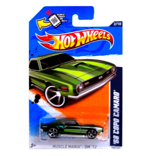 Hot Wheels '68 Copo Camaro Diecast Car – Red With Yellow Stripes, 1:64 Scale, Muscle Mania Series