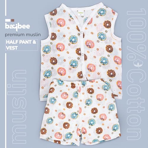 Image of BAYBEE 100% Muslin Cotton New Born Baby Clothes for Kids | Sleeveless Summer Wear with Soft & Breathable | Shirt and Shorts Set | Jablas for Baby Girl Boy Dress