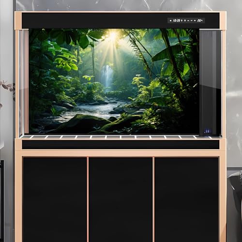 Image of Jungle Aquarium Background Waterfall Lush Green Jungle Plants Terrarium Background Stream Big Rocks with Moss Fish Tank Background Natural Jungle Forest Landscape Aquarium Backdrop Vinyl 30x18in