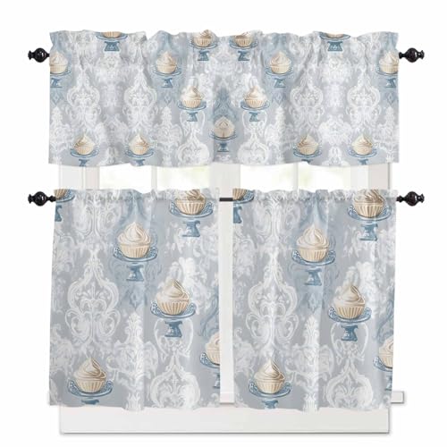 Vintage Dessert Floral Kitchen Curtains 36 Inch Length, 3 Piece Rod Pocket Small Half Tiers and Valance Set, White Blue Flowers Small Large Window Treatment Decor for Bedroom/Bathroom Sink