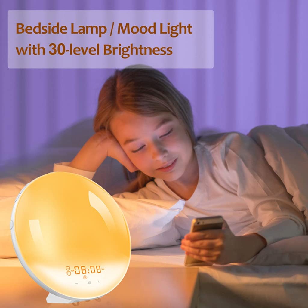 Sveglia con Simulazione Alba/Tramonto, con la Funzione Snooze, Touch Control Wake Up Light, Lampada da Comodino Dimmerabile, 4 Allarmi, 7 Suoni, 20 Luminosità