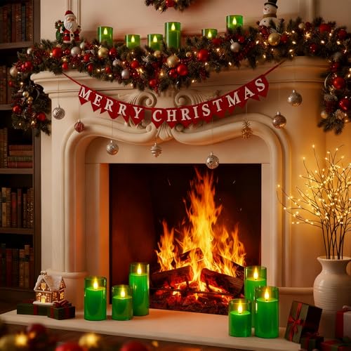 Image of Raycare Battery Operated Flameless Pillar Candles with Remote Timer, Green | LED Acrylic Festive Ambience Candle with Realistic Glow for Christmas Trees, Tables, Seasonal Parties, Family Gifts, Set of 5