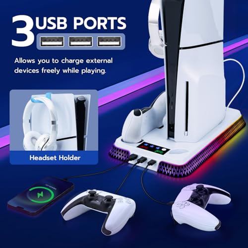 Support pour PS5 Slim et Pro avec station de refroidissement RGB blanc - 6