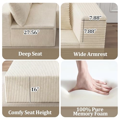 Image of 92.5 inch Modular Sectional Sofa, L-Shaped Cloud Couch with Deep Seat & Chaise, Premium Corduroy Boneless Couches for Living Room /Bedroom /Small Space,No Need Assembly,Beige(Left Facing Chaise)