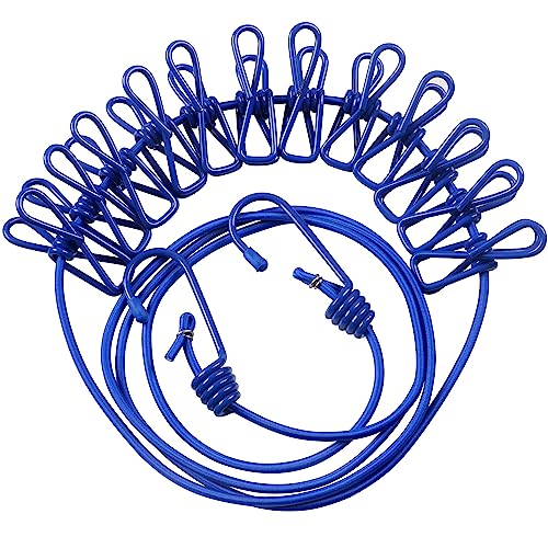 TRIXES Blue Long Compact Flexible 12 Peg and 2 Hook Travel Washing Line – 1.8M