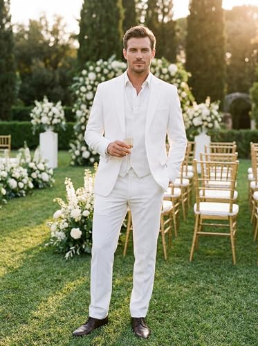 Image of Men's 3 Piece Slim Fit Suit Set, Two Button Blazer Solid Jacket Vest Pants Wedding Business Suit