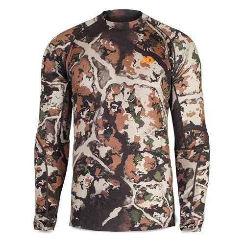 First Lite Men's Wick Long Sleeve Crew - Merino Wool Camo Hunting Base Layer, UV Protection Moisture Management Shirt