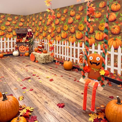 Image of Kochorie 100 Ft x 54 Inch Fall Pumpkin Patch Party Tablecloth Roll with Cutter Box Waterproof Plastic Pumpkin Maple Leaf Backdrop Table Cover for Autumn Thanksgiving Party Decor