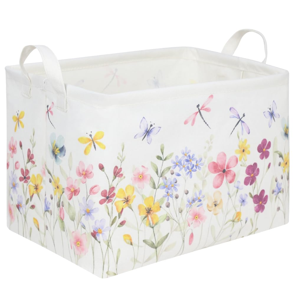 Boho Flower Nursery Basket,Waterproof collapsible storage box,Fall Wildflower Floral Dandelion Storage Bin,Plant Butterfly baby girl gift basket,Girls Bedroom Boho Flower Decor(Dandelion)