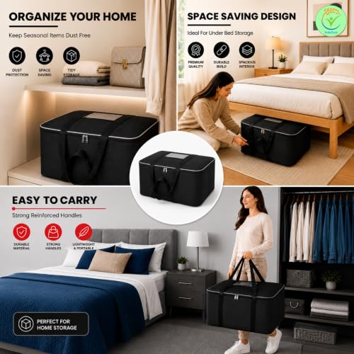 Image of 5-Pack Large Underbed Storage Bags - Foldable Moisture-Proof Nylon Organizers with Zipper and Handles for Clothes, Blankets, Bedding (54 x 46 x 28 cm, Grey, Rectangular)