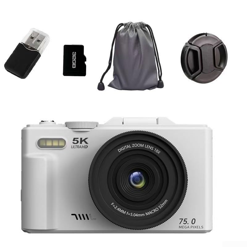 Appareil photo numérique HD 5K avec capteur 75 Mpx, zoom numérique 18x, autofocus de 7,6 cm, corps en métal, connectivité WiFi pour voyage, vlogging et réseaux sociaux, noir (rose, 32 Go)