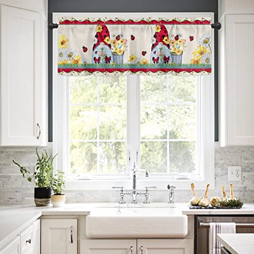 Spring Gnome Window Curtain Set With Tiers And Valance, 3 Pieces Rod Pocket Valances Dwarf Daisies Ladybirds Floral Flowers Window Treatment Semi Sheer Kitchen Bedroom Farmhouse Decor (52" W X 18" L) #TOP2