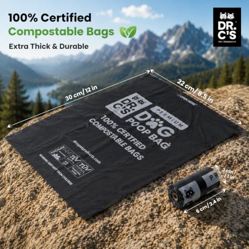 Image of 100% Certified Compostable Dog Poop Bags - Dr. C's Premium Dog Poop Bags - 120 Bags / 8 Rolls, Extra thick, Leak Proof, Unscented, Plant Based, Earth Friendly and USA Owned