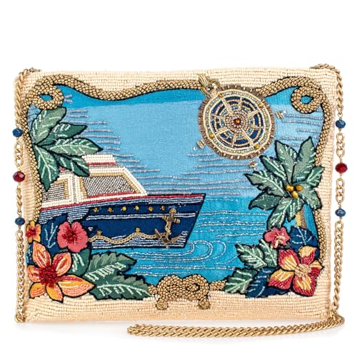 Mary Frances Open Waters Beaded Crossbody Handbag with Nautical Motif and Tropical Embroidery Novelty Evening Clutch Bag, Multicolor