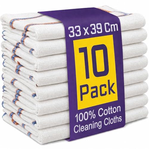 10 Pack 100% Pure Cotton Large Dish Cloths for Washing Up Highly Absorbent Kitchen Cleaning Cloths and Multi-Purpose Floor Dish Cloths Durable Dusters for Home Housework (33 x 39 Cm)