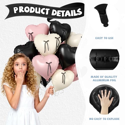 Image of Pink and Black Heart Balloons, 10 Pcs Baby Pink Cream Heart Shaped Balloon with Black Bow Ribbon, 18 Inch Pink Sand White Foil Balloons for Brithday Baby Shower Wedding Valentines Party Decoration