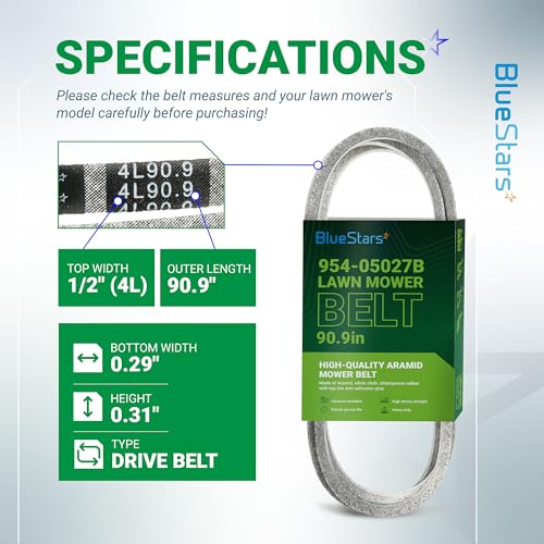 Image of BlueStars 954-05027B Drive Belt | Aramid Cord | 1 /2 inch x 90.9 inch | DriveBelt for MTD CubCadet XT1-GT50 XT1-GT54 XT2-GX54 Replaces 754-05027 754-05027A 954-05027 954-05027A Lawn Mowers Tractors