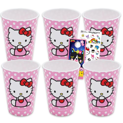 SANRIO Hello Kitty Kids 15 Oz Reusable Tumbler Cup - Hello Kitty Party Favor 6 Piece Bundle with 15 Oz Cup Plus Stickers for Girls | Bulk Hello Kitty Water Cups