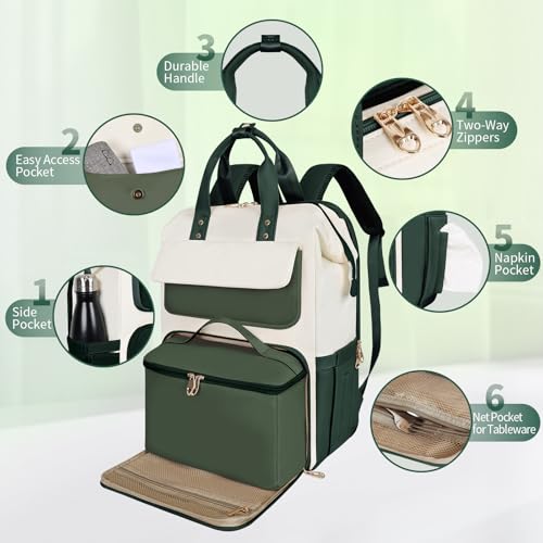 Image of BERTASCHE Lunch Backpack for Women, 15.6 Inch Laptop Backpack with Insulated Cooler Lunch box, Nurse Backpack for Teacher Work Travel College Picnic,Green-Beige