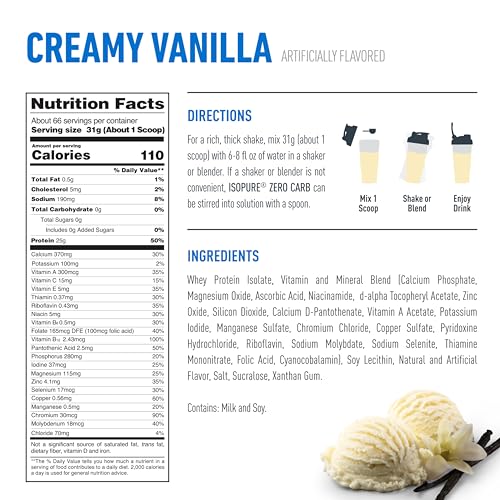 Image of Isopure Zero Carb 100% Pure Whey Isolate Protein Powder, Gluten Free, with Vitamins, Creamy Vanilla, 25g Protein Per Serving, 4.5 Lbs, 66 Servings (Packaging May Vary) (Pack of 4)