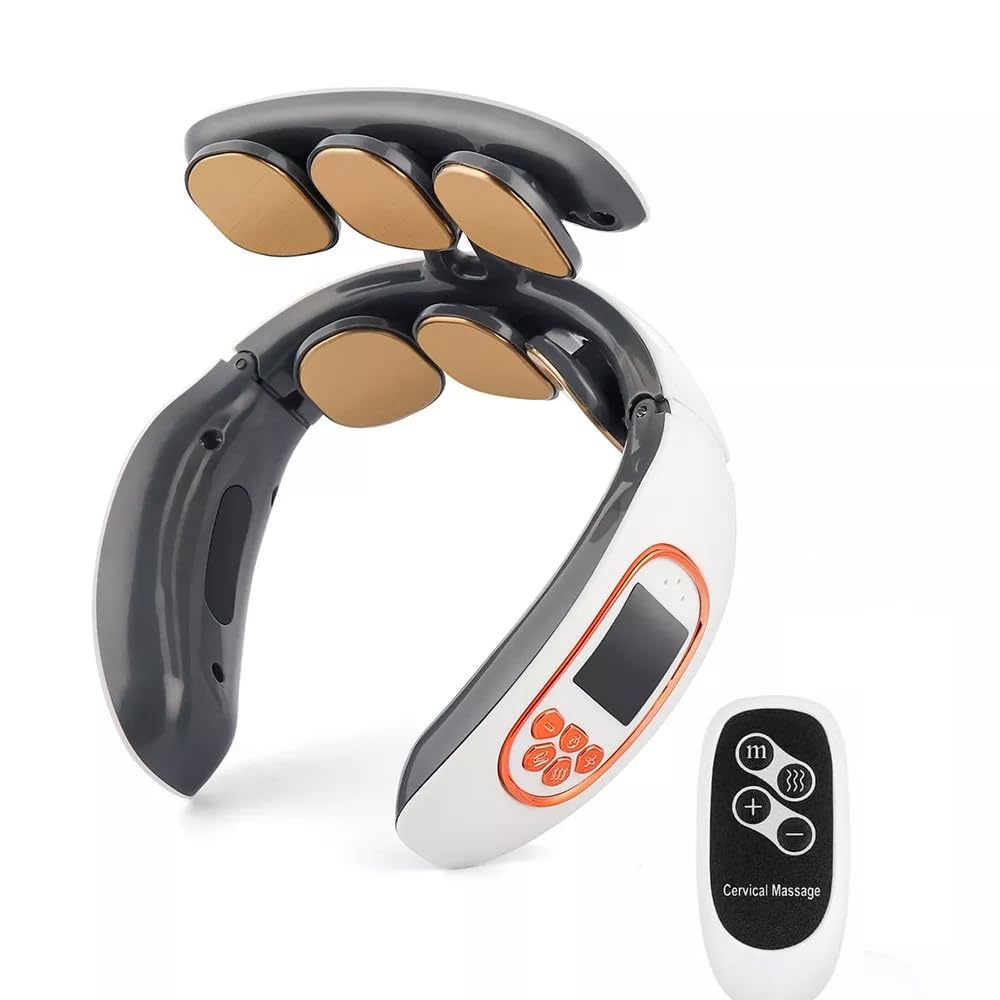amiciCare Electric Pulse Neck Massager with 6 Heads, Electrode Pad, Heat Therapy, 4 Massage Modes, and 15 Levels – Features Voice Broadcasting
