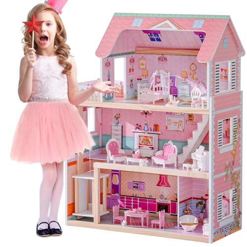 ROBOTIME Wooden Dollhouse Doll Houses with 24 Pieces Furniture for 4 5 6-Inch Dolls Dollhouse Gift for 3+ Year Old Girls (Pink)