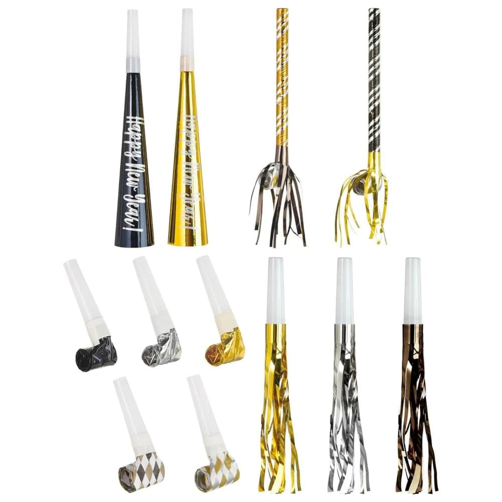 Black, Gold & Silver Party Horns & Blowouts Set (Pack of 50) - Perfect Party Supplies & Party Noise Makers for New Year's Eve, Graduation Parties, Birthdays & More