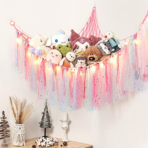 Dremisland Stuffed Animals Storage With Fairy Lights Toy Hammock Hanging Stuffed Animal Storage Organizer Holder With Lace Tassels For Nursery Play Room, Kids Bedroom (Pink) #TOP3