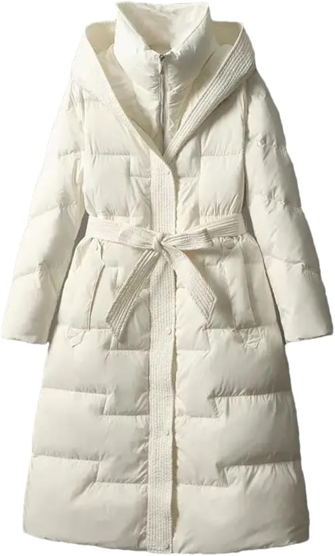 Women's Winter White Duck Down Long Jacket With Belt Thickened Warm Coat Slim Fit Parka Hooded Coat