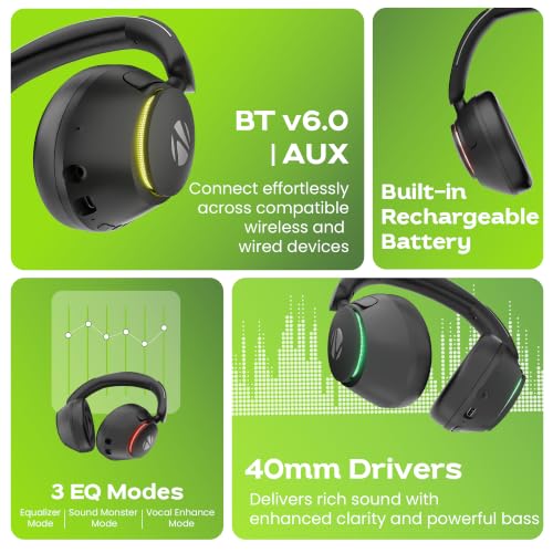 Image of Zebronics Envy Pro ANC Wireless Headphones, BT v6.0 + Type-C Dongle, 40mm Drivers, Up to 40h Playback, App Support, Gaming Mode, ENC, 3 EQ Modes, RGB, Rapid Charging, Foldable Design (Black)