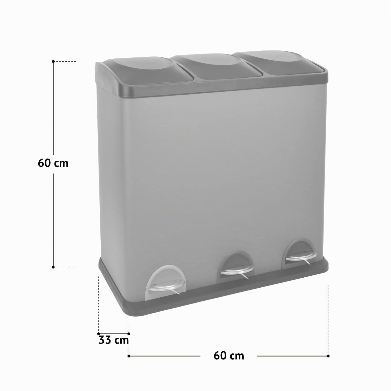 SVITA TC3X20 Poubelle à pédale, en acier inoxydable, 60 l, argent, 3 x 20 l, 3 compartiments XXL, système de tri des déchets, poubelle de cuisine, 3 compartiments