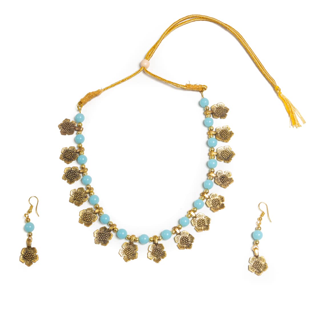 Gold flower Sky Blue Beads Boho Vintage Necklace Set with Earrings For Women and Girls (Sky Blue) (B09JN6JV52) Amazon Price History, Amazon Price Tracker