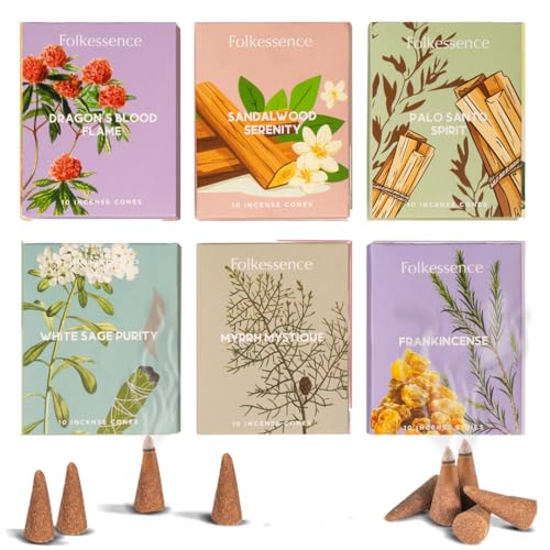Folkulture Incense Cones Scented | Set of 6 (60 Cones) Pack | Palo Santo, Frankincense, White Sage, Sandalwood Inscents for Gifts for Her | Incense Cone Variety Pack