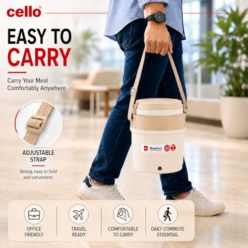 Image of CELLO Newton 3 Tier Compartment Stainless Steel Electric Lunch Box For Office Use, Beige | Shock Proof & Cool Touch Outer Body, Rubber Grip Lift Handle Leakproof Stainless Steel Electric Lunch Carrier
