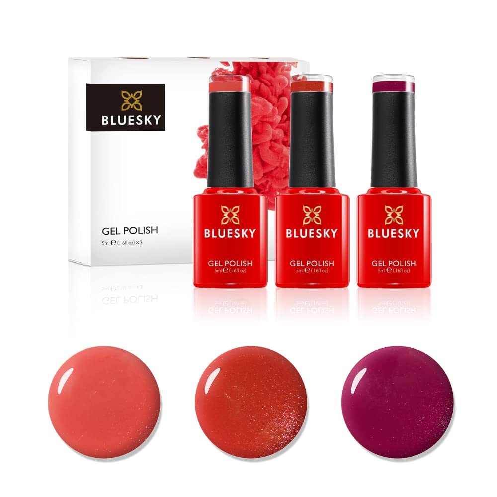 Bluesky Gel Nail Polishes, Firey Powder, Red Shimmer A015, Desert Poppy 80568, Watermelon Lady A004, 3 x 5ml, Orange, Coral (Requires Curing Under UV/LED Lamp)-image-46